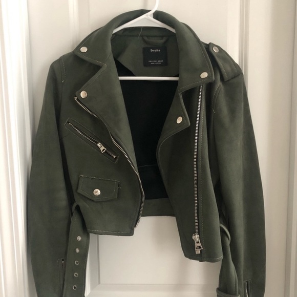Bershka forest green suede cropped moto jacket - Picture 2 of 4